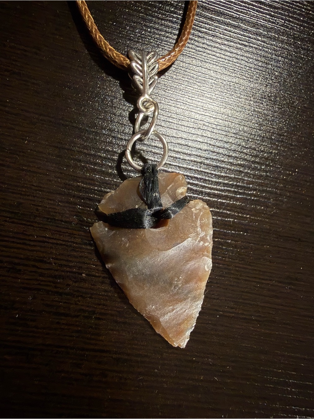 Brown Stone Arrowhead Pendant Necklace with Black Cord